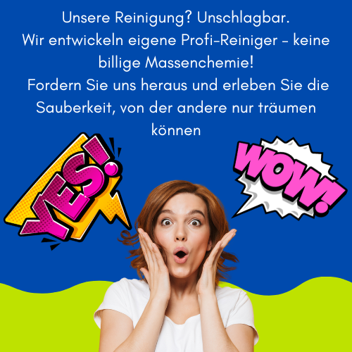 Begeisterte Frau mit WOW-Effekt – VIP Cleaning setzt auf eigene Profi-Reiniger ohne billige Massenchemie für unschlagbare Sauberkeit.